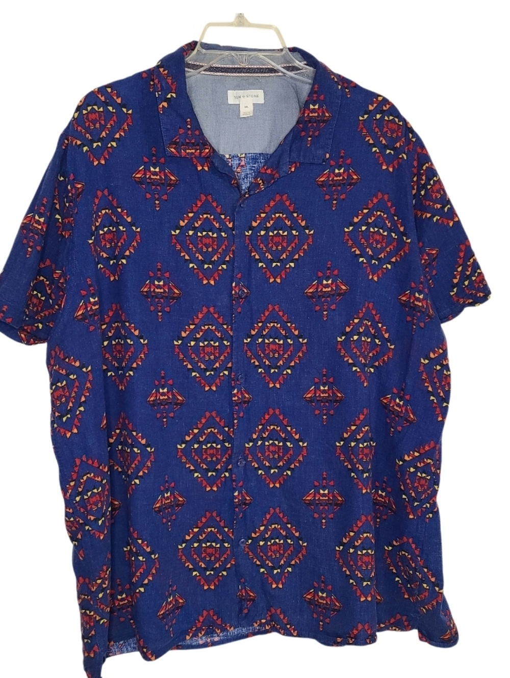Sun + Stone Men's XXL Blue Linen Blend Southwestern Aztec Short Sleeve Shirt